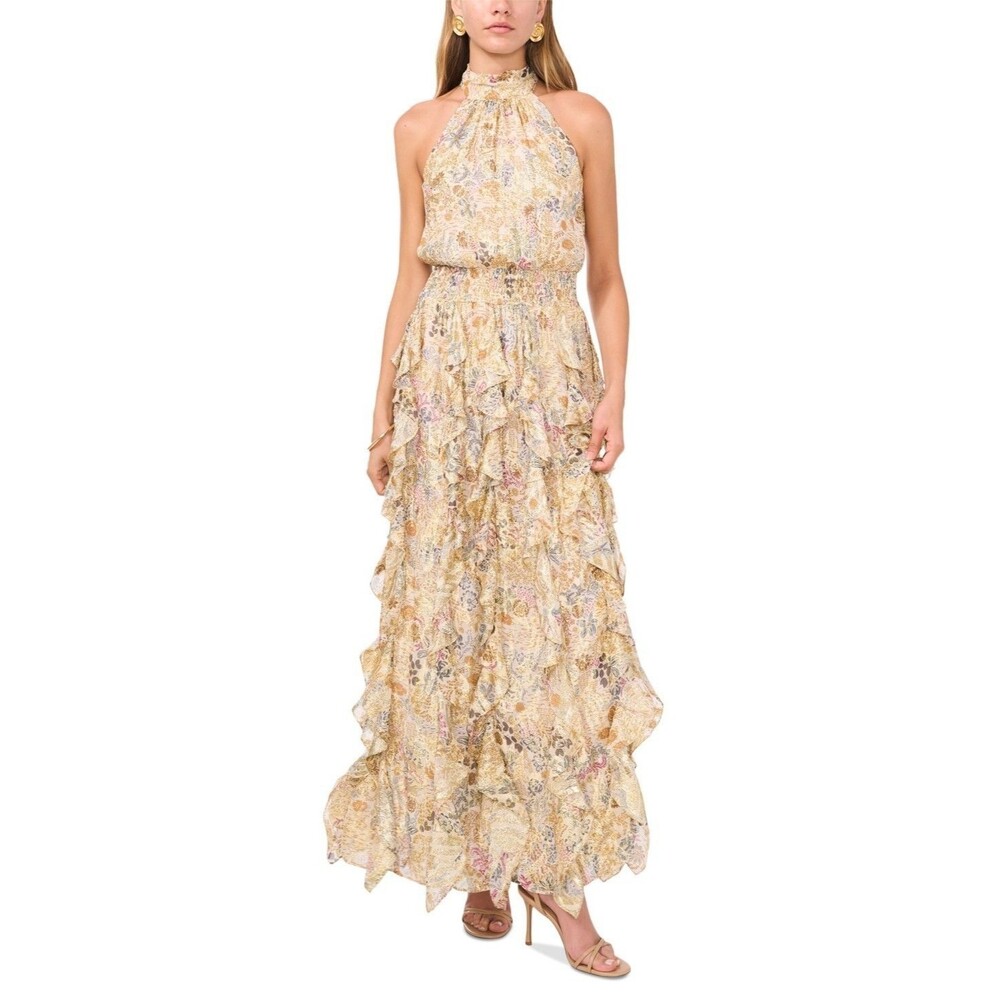1.STATE Women's Sleeveless Cascading Ruffle Maxi Dress Cream Gold Multi Size M